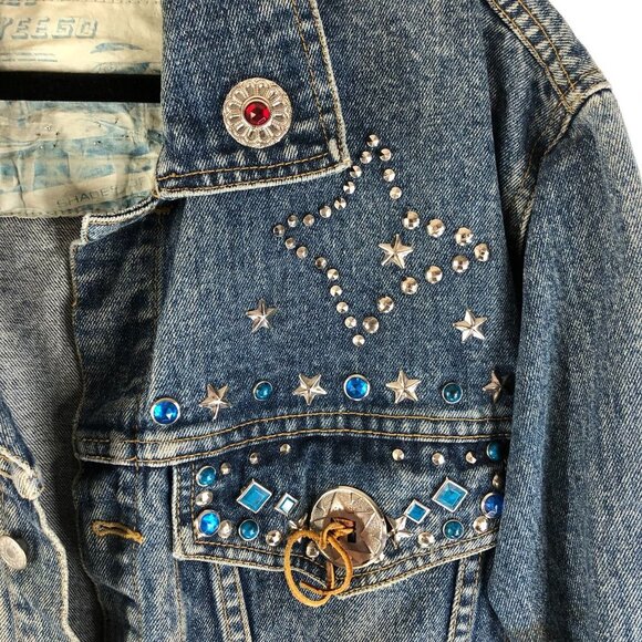 Freego Mens Denim Jacket Western Rhinestones Embellished Vintage Retro Trucker M - Picture 2 of 8